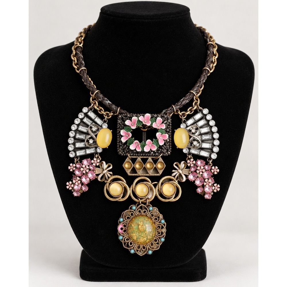 Vintage Betsey Johnson Cherry Blossom Floral Rhinestone Statement Bib Necklace
